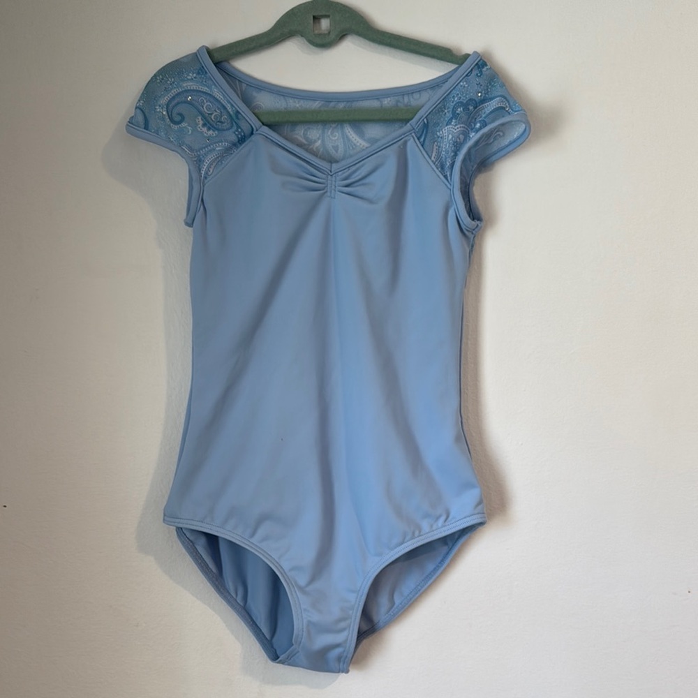 Mirella Blue Leotard with Sweetheart Neckline and Cap Sleeves